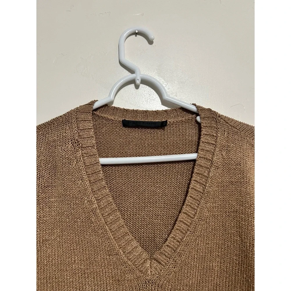 Jenni Kayne Linen Dylan‎ Sweater Blend V Neck Sweater Brown xs